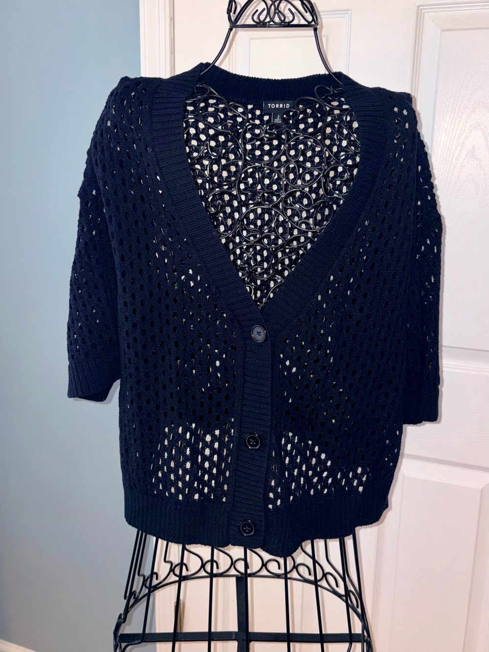 torrid Black Open-Knit V-Neck Button Cardigan. Cropped.